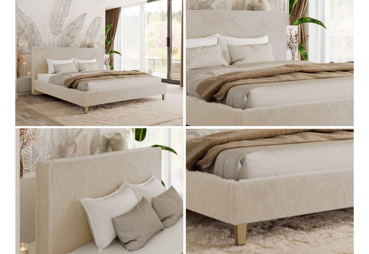 Łóżko tapicerowane LUMARO CLASSIC 160x200 - materac multipocket - kremowy, plusz