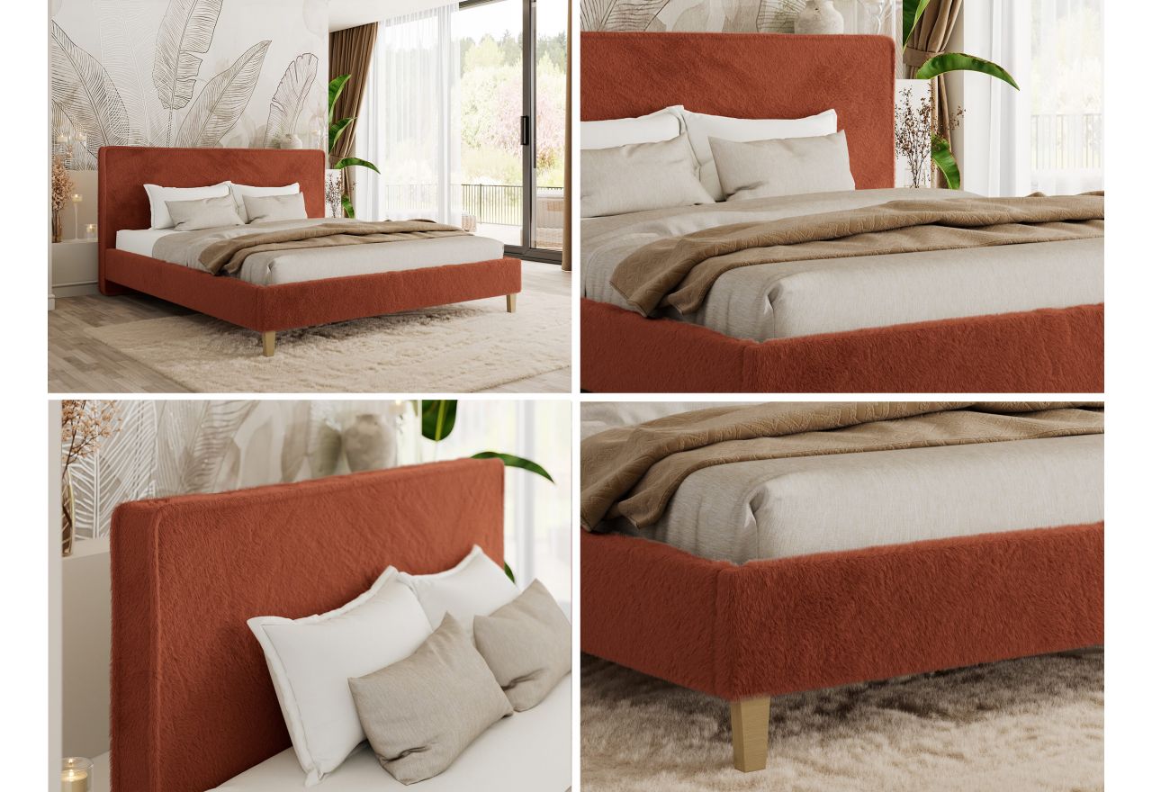 Łóżko tapicerowane LUMARO CLASSIC 180x200 - materac multipocket - pomarańczowy, plusz