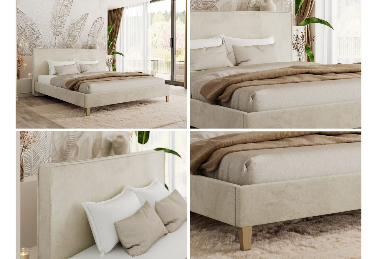 Łóżko tapicerowane LUMARO CLASSIC 160x200 - materac pocket - beżowy, welwet