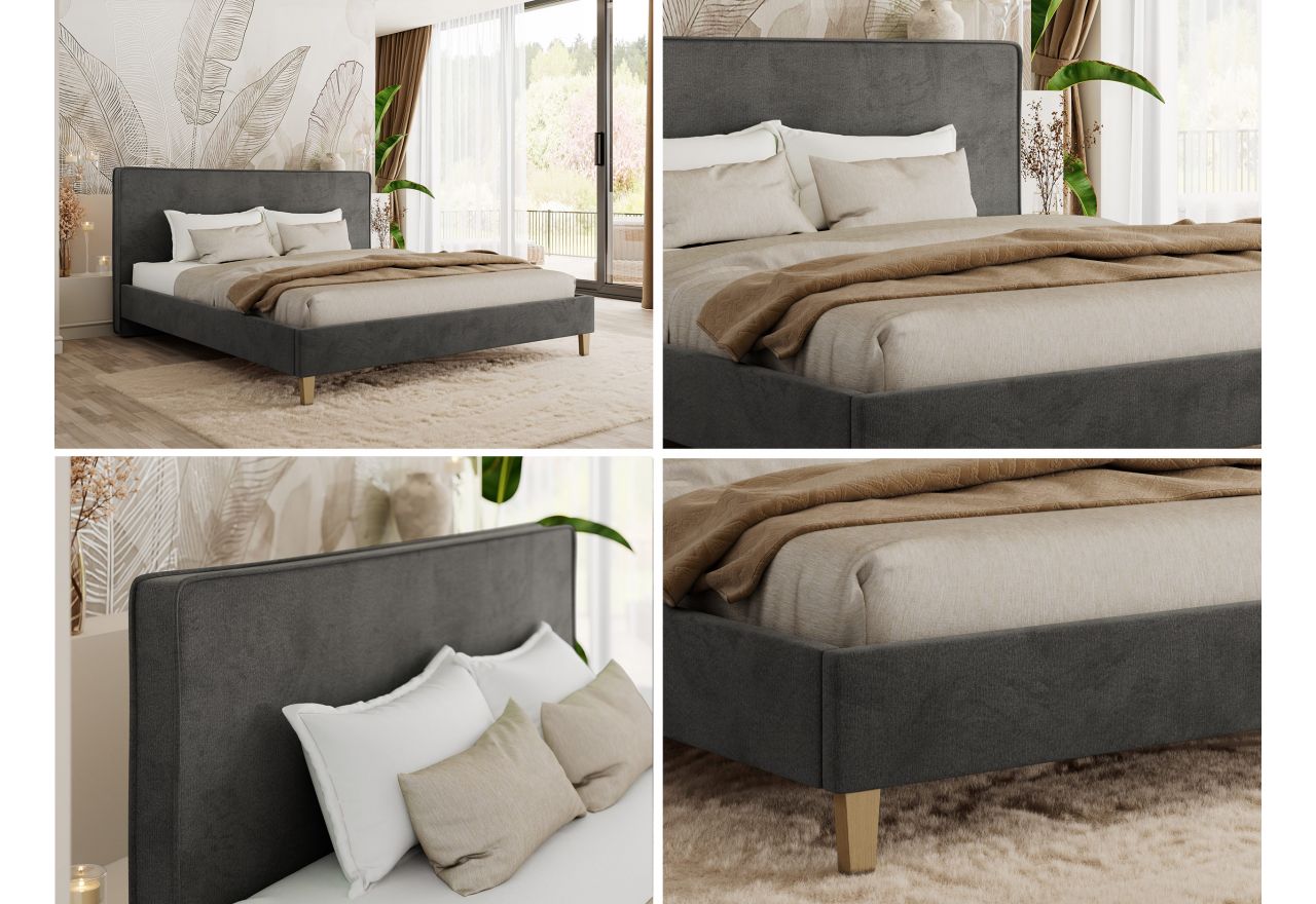 Łóżko tapicerowane LUMARO CLASSIC 160x200 - materac pocket - szary, welwet