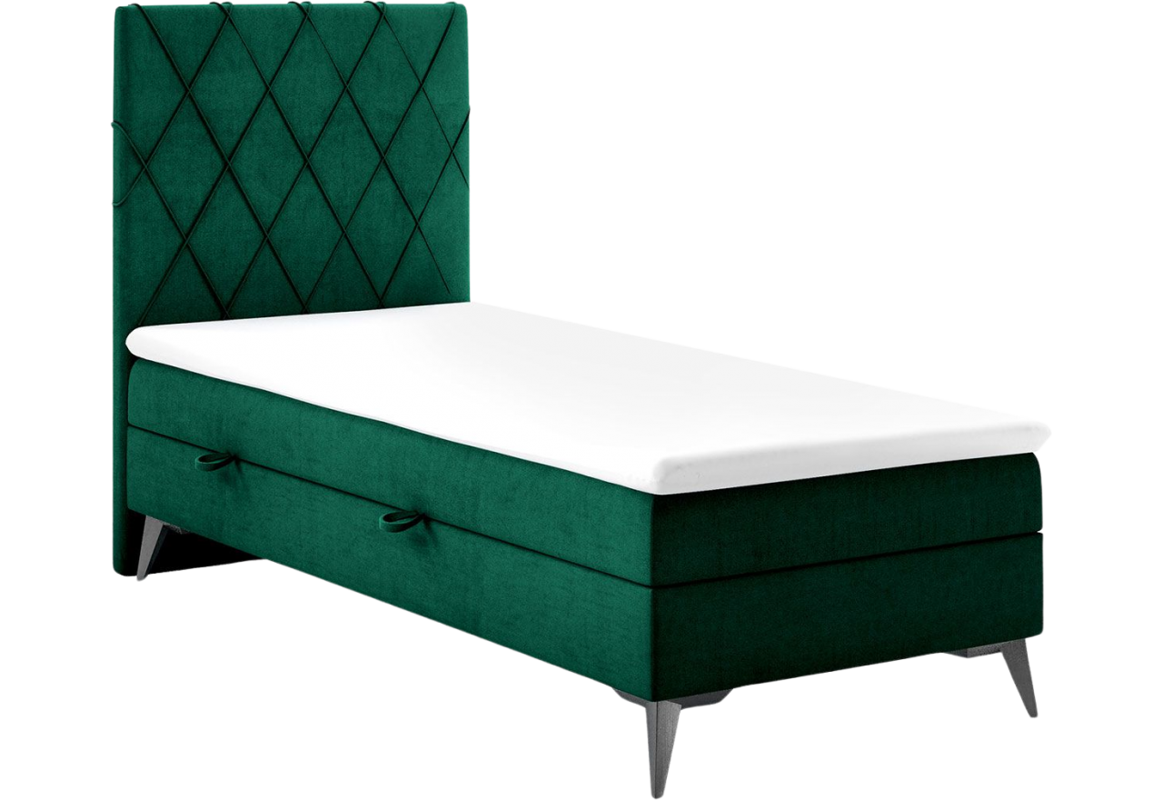 Jednoosobowe, butelkowozielone łóżko kontynentalne MIRA 80x200 pokryte miękką, welurową tkaniną