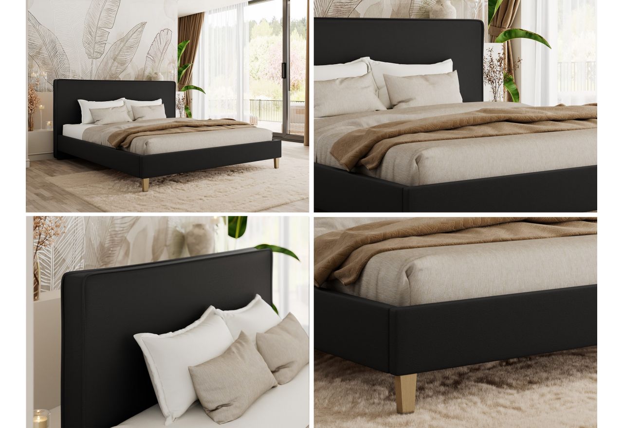 Łóżko tapicerowane LUMARO CLASSIC 140x200 - materac multipocket - czarny, ekoskóra