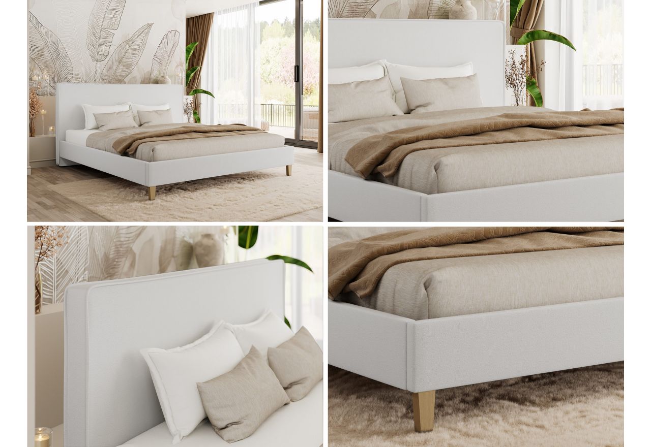 Łóżko tapicerowane LUMARO CLASSIC 160x200 - materac pocket - biały, ekoskóra