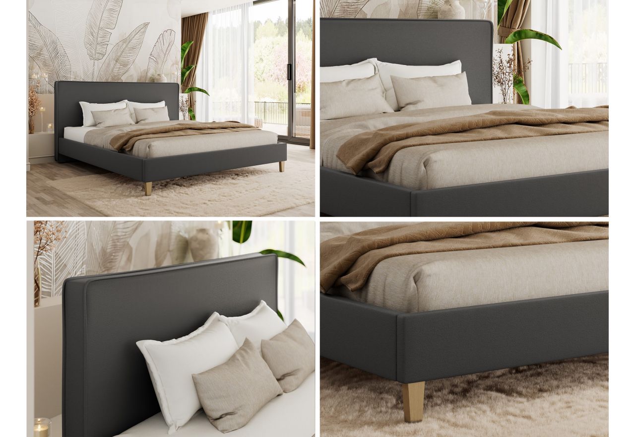 Łóżko tapicerowane LUMARO CLASSIC 140x200 - materac piankowy - ciemnoszary, ekoskóra