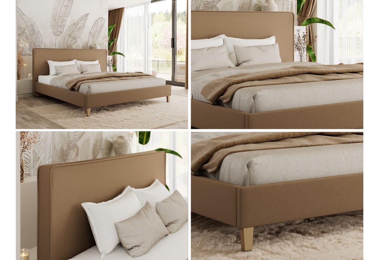 Łóżko tapicerowane LUMARO CLASSIC 160x200 - materac pocket - brązowy, ekoskóra
