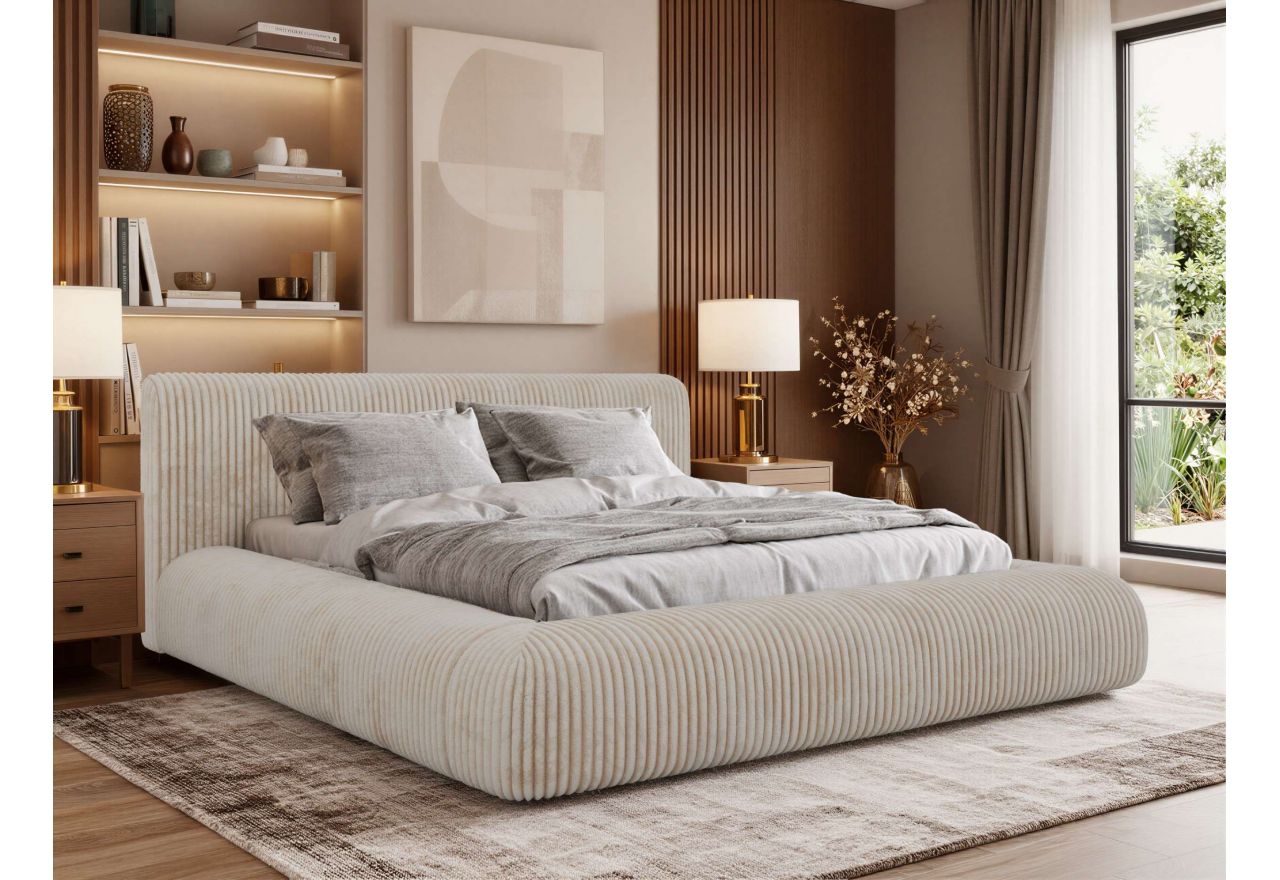 Łóżko tapicerowane TILBEA CLASSIC 200x200 - materac pocket - beżowy, sztruks