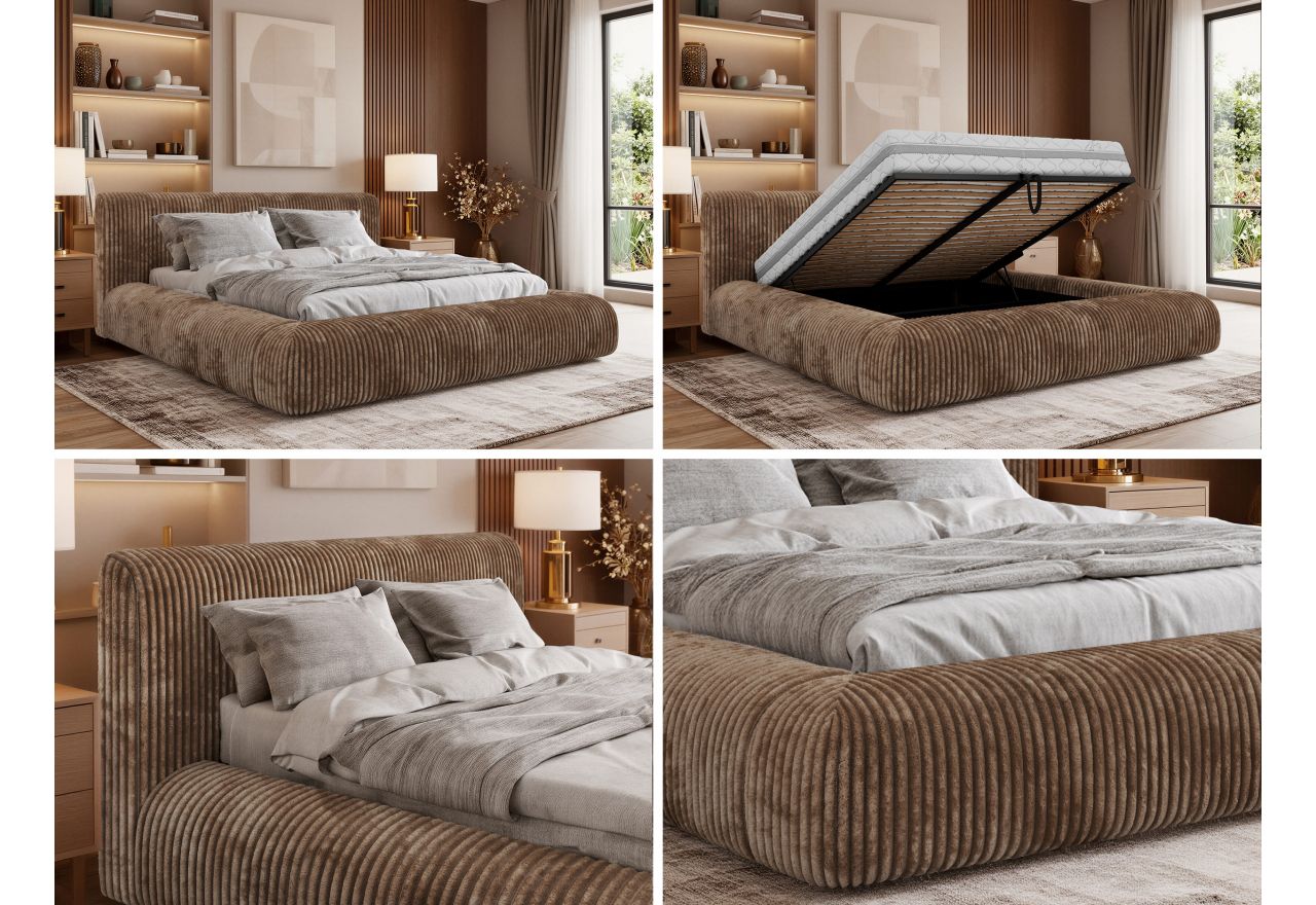 Łóżko tapicerowane TILBEA CLASSIC 200x200 - materac pocket - brązowy, sztruks