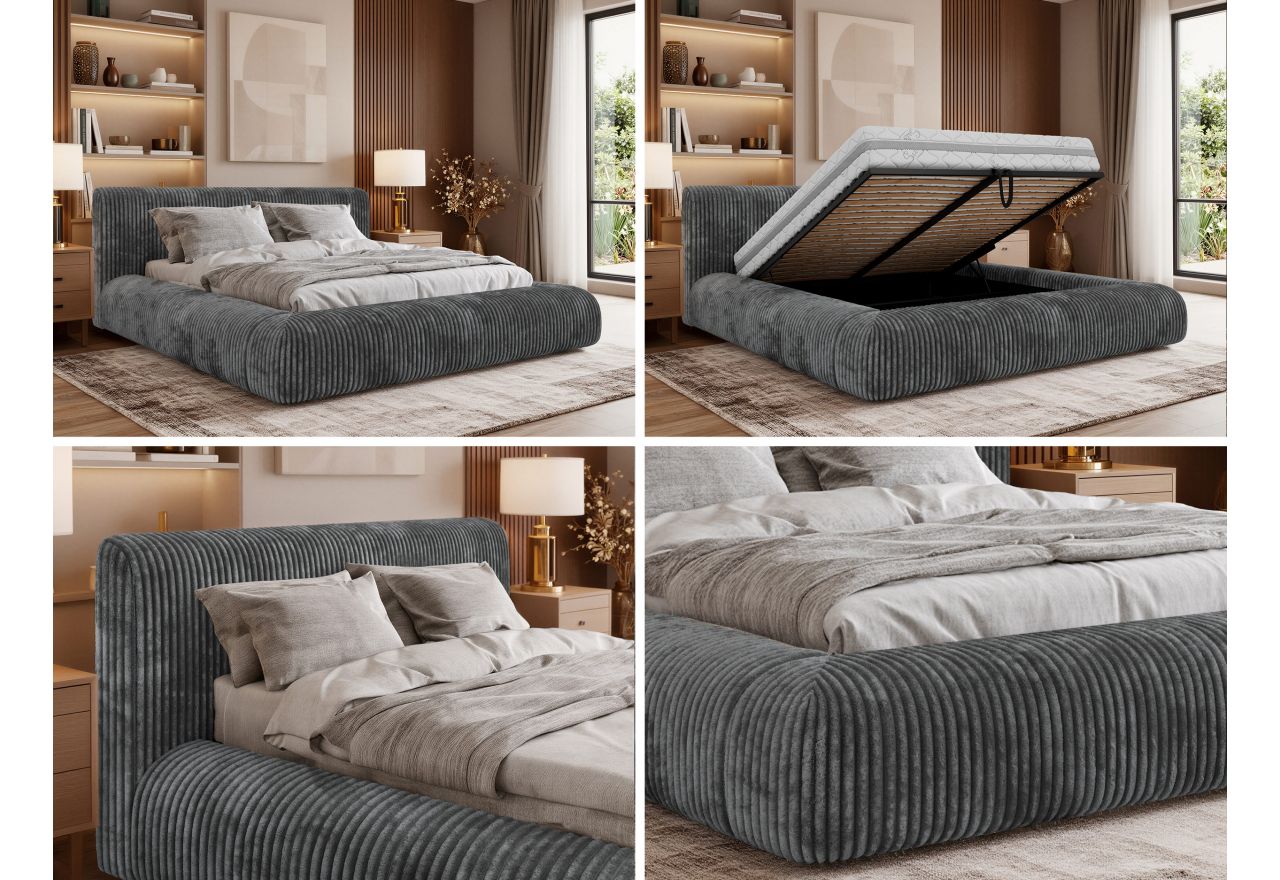 Łóżko tapicerowane TILBEA CLASSIC 160x200 - materac pocket - ciemnoszary, sztruks