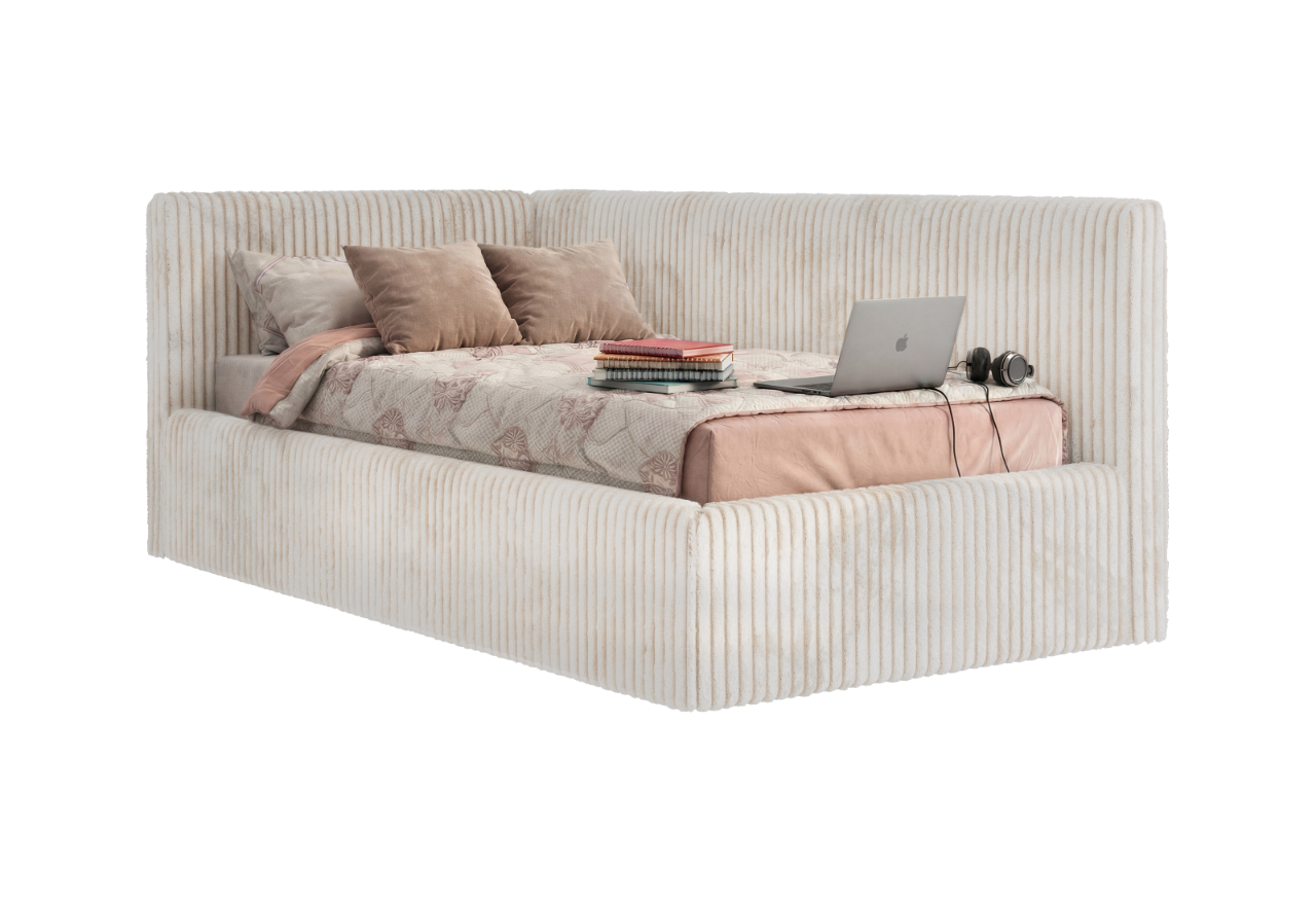 Łóżko młodzieżowe TILVO 90x200 - materac multipocket - beżowy, sztruks - strona lewa