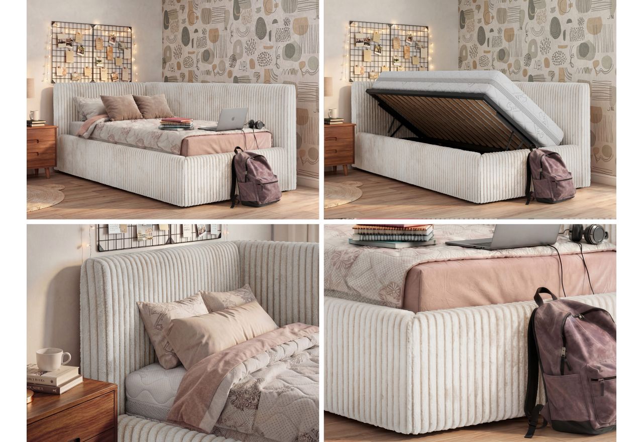 Łóżko młodzieżowe TILVO 90x200 - materac multipocket - beżowy, sztruks - strona lewa