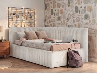 Łóżko młodzieżowe TILVO 90x200 - materac pocket - beżowy, sztruks - strona lewa