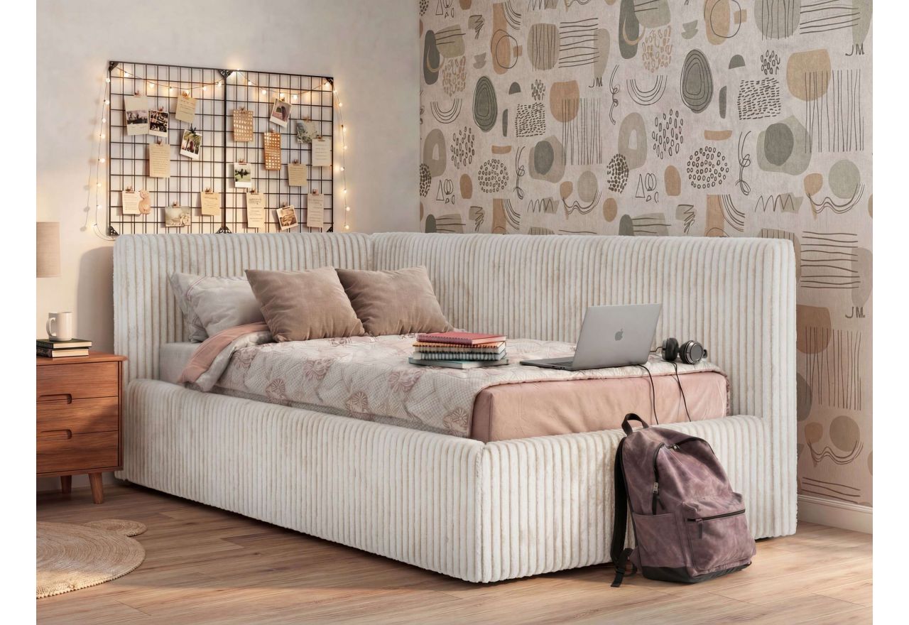 Łóżko młodzieżowe TILVO 90x200 - materac pocket - beżowy, sztruks - strona lewa