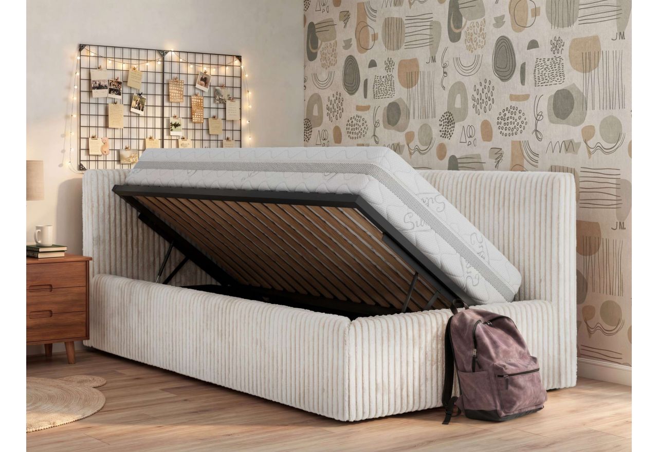 Łóżko młodzieżowe TILVO 90x200 - materac pocket - beżowy, sztruks - strona lewa