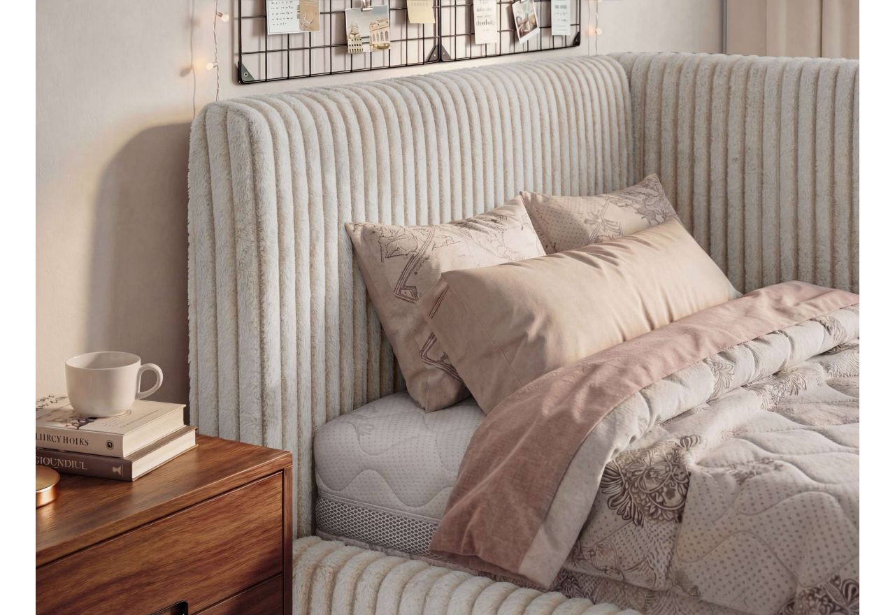 Łóżko młodzieżowe TILVO 90x200 - materac pocket - beżowy, sztruks - strona lewa