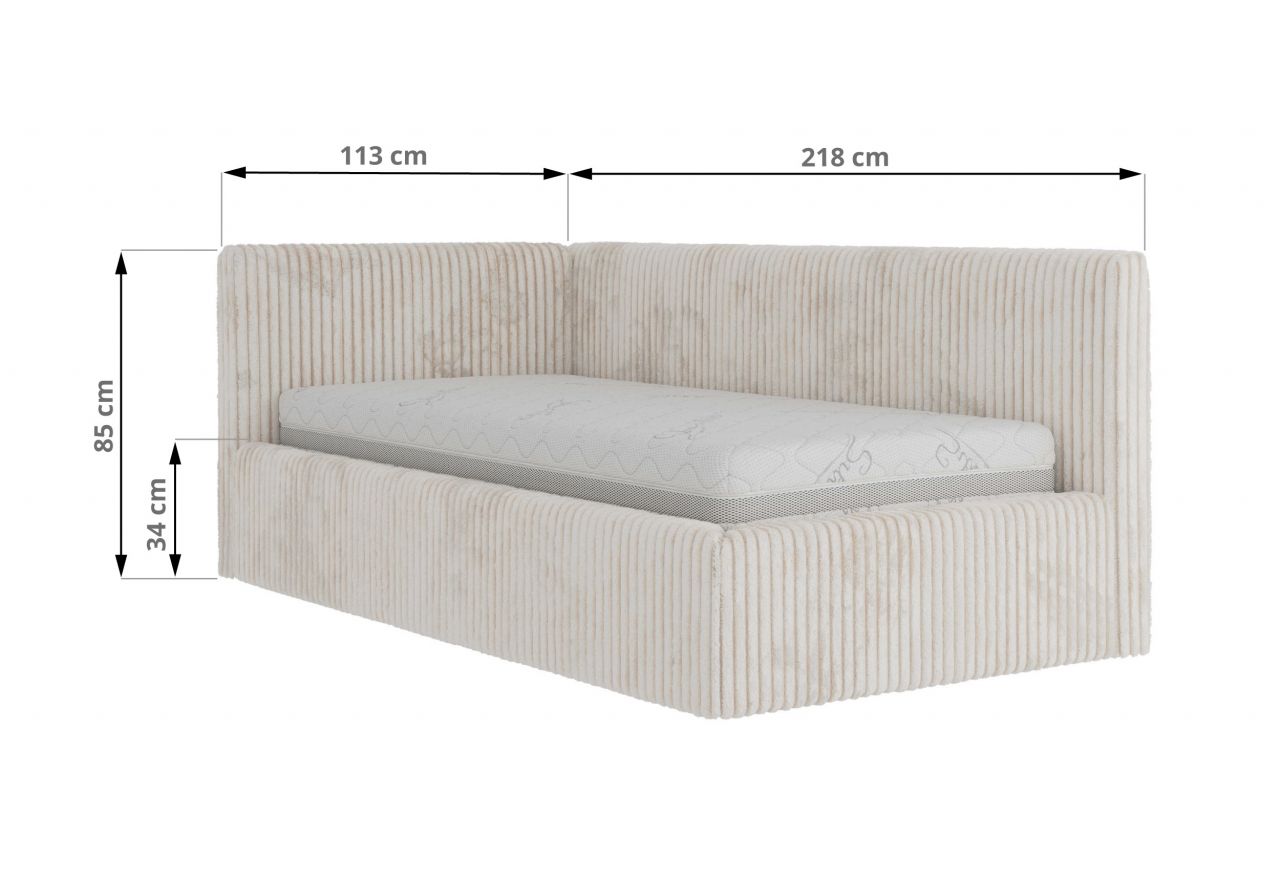 Łóżko młodzieżowe TILVO 90x200 - materac piankowy - beżowy, sztruks - strona lewa