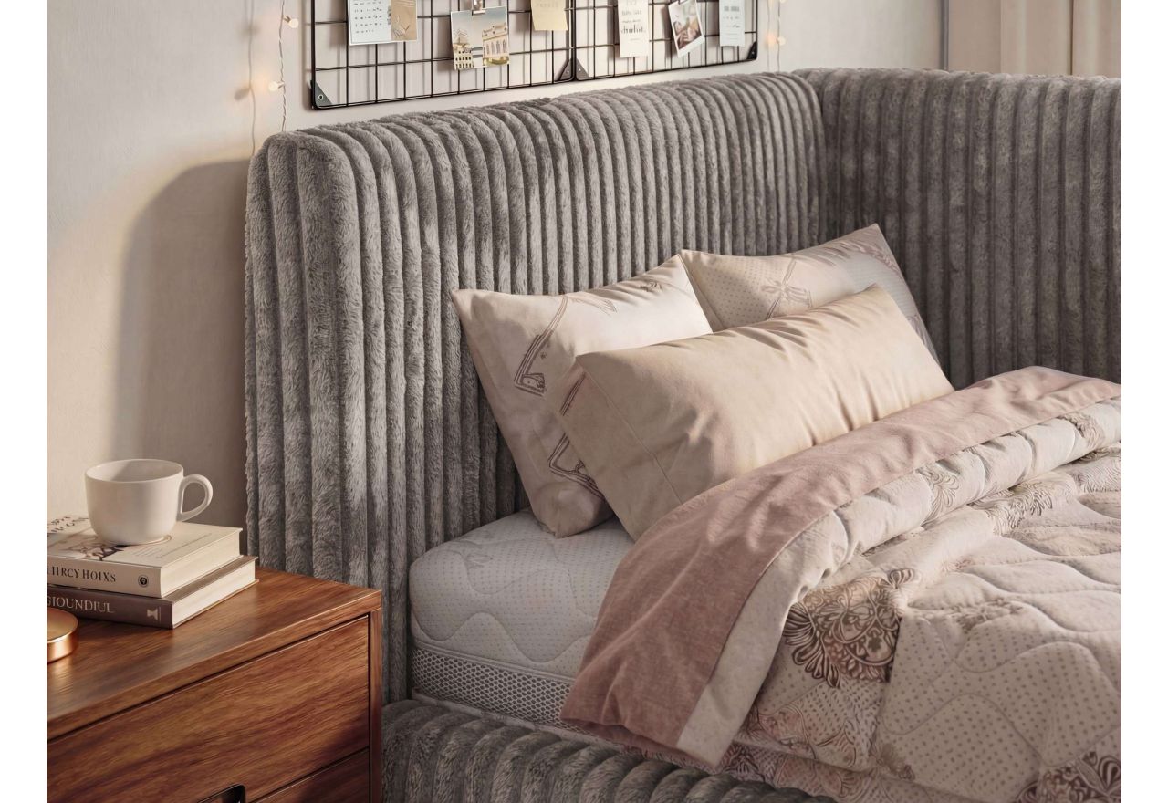 Łóżko młodzieżowe TILVO 90x200 - materac multipocket - jasnobrązowy, sztruks - strona lewa