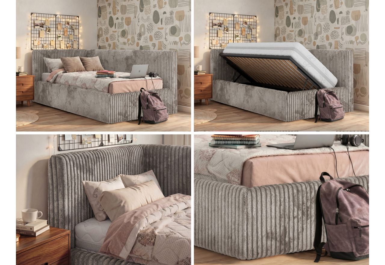 Łóżko młodzieżowe TILVO 90x200 - materac multipocket - jasnobrązowy, sztruks - strona lewa