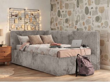 Łóżko młodzieżowe TILVO 90x200 - materac pocket - jasnobrązowy, sztruks - strona lewa