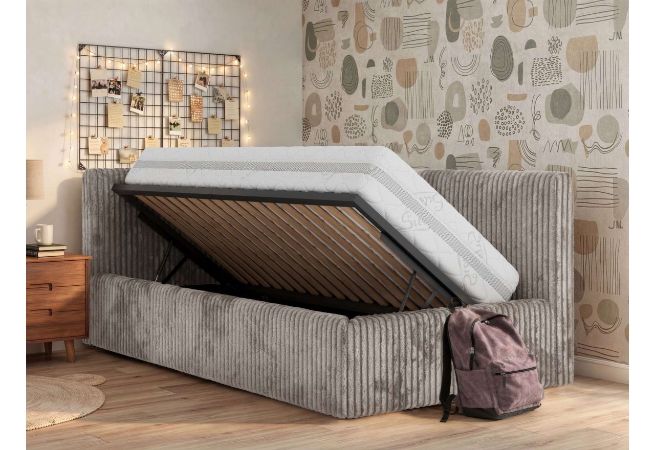 Łóżko młodzieżowe TILVO 90x200 - materac pocket - jasnobrązowy, sztruks - strona lewa