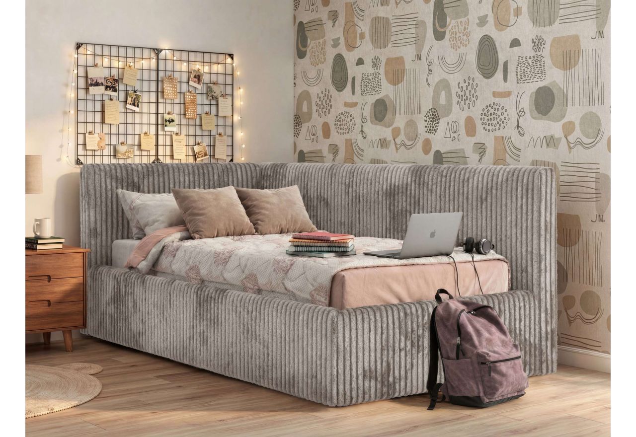 Łóżko młodzieżowe TILVO 90x200 - materac piankowy - jasnobrązowy, sztruks - strona lewa