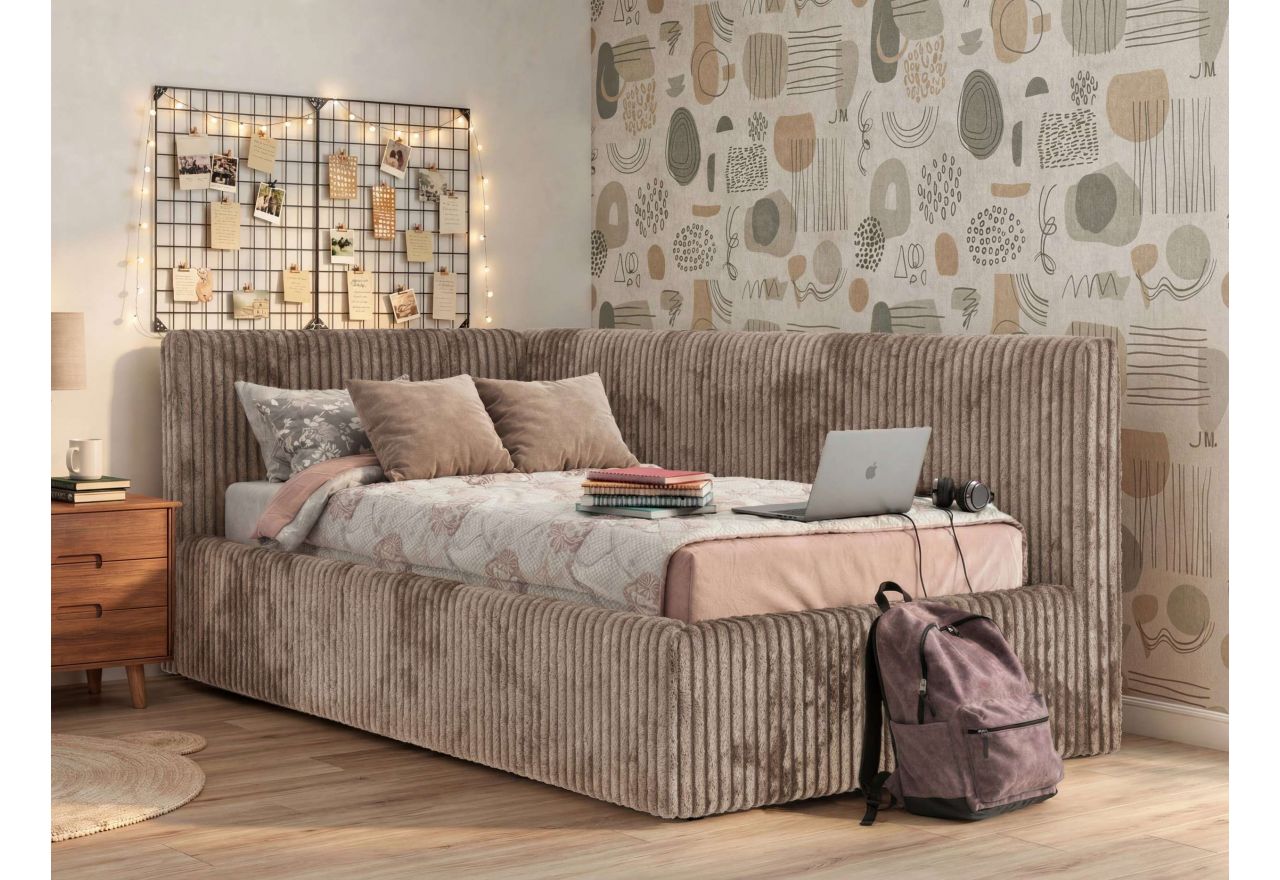 Łóżko młodzieżowe TILVO 90x200 - materac multipocket - brązowy, sztruks - strona lewa