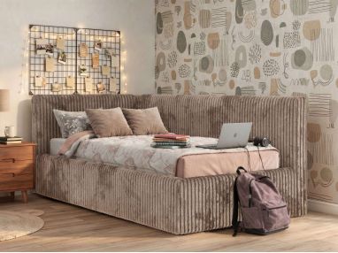 Łóżko młodzieżowe TILVO 90x200 - materac pocket - brązowy, sztruks - strona lewa