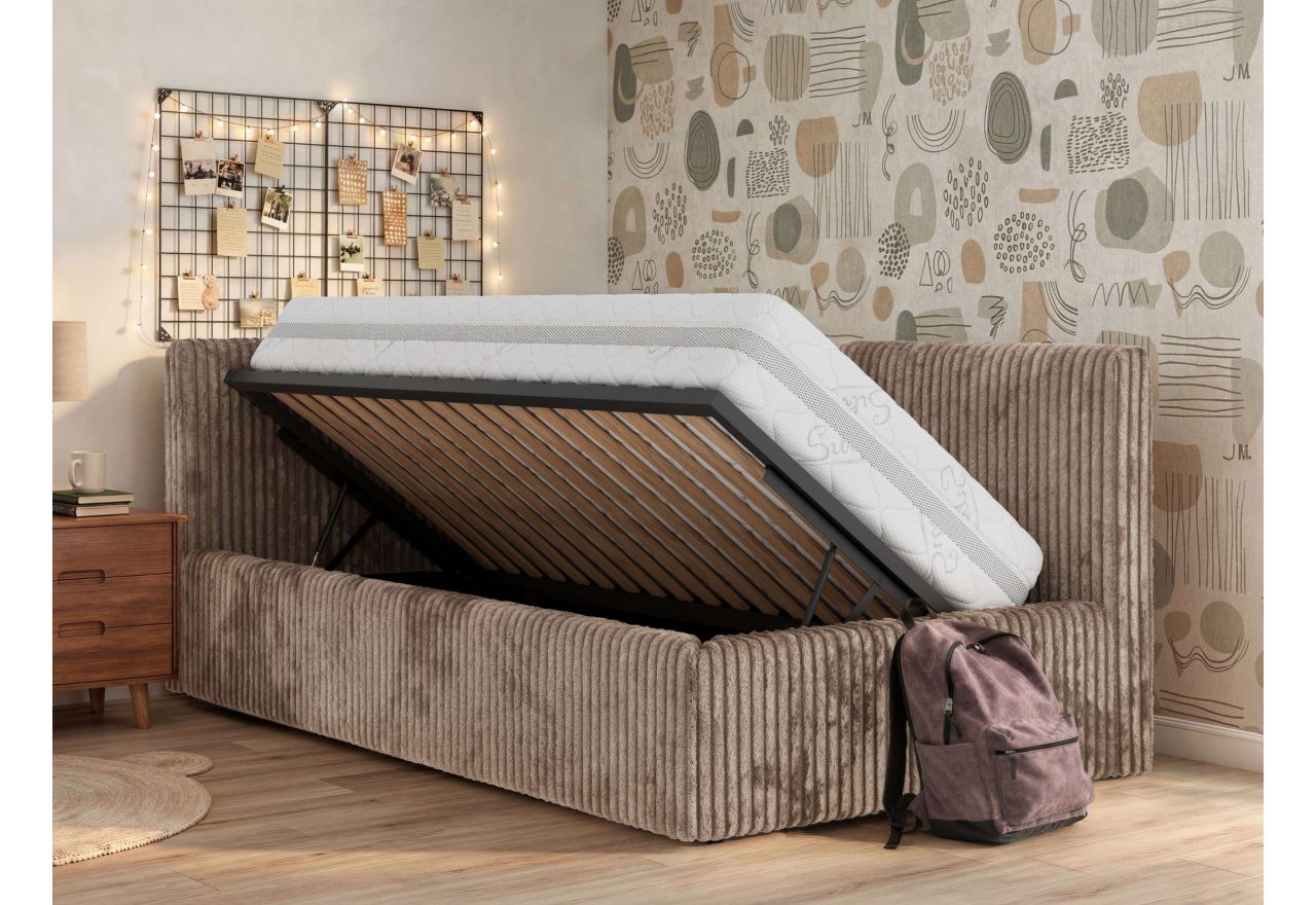 Łóżko młodzieżowe TILVO 90x200 - materac pocket - brązowy, sztruks - strona lewa