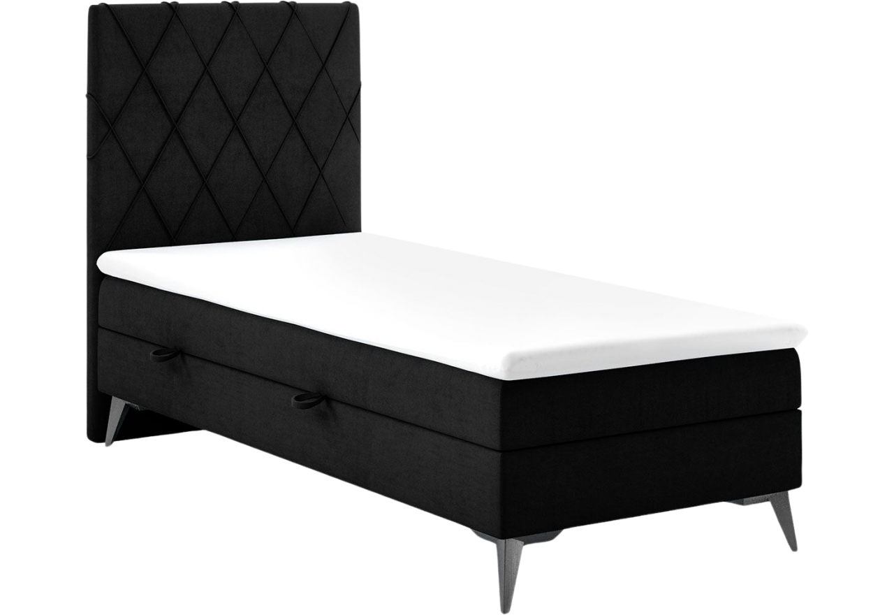 Czarne, jednoosobowe łóżko kontynentalne MIRA 80x200 ze stylowym wezgłowiem i wysokimi metalowymi nogami