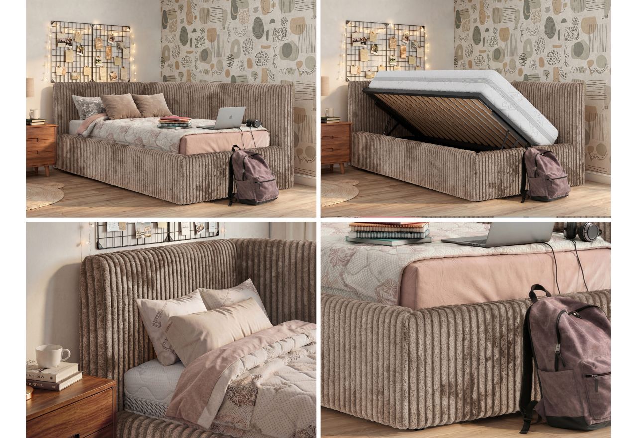 Łóżko młodzieżowe TILVO 90x200 - materac pocket - brązowy, sztruks - strona lewa