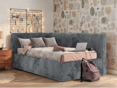 Łóżko młodzieżowe TILVO 90x200 - materac multipocket - szary, sztruks - strona lewa