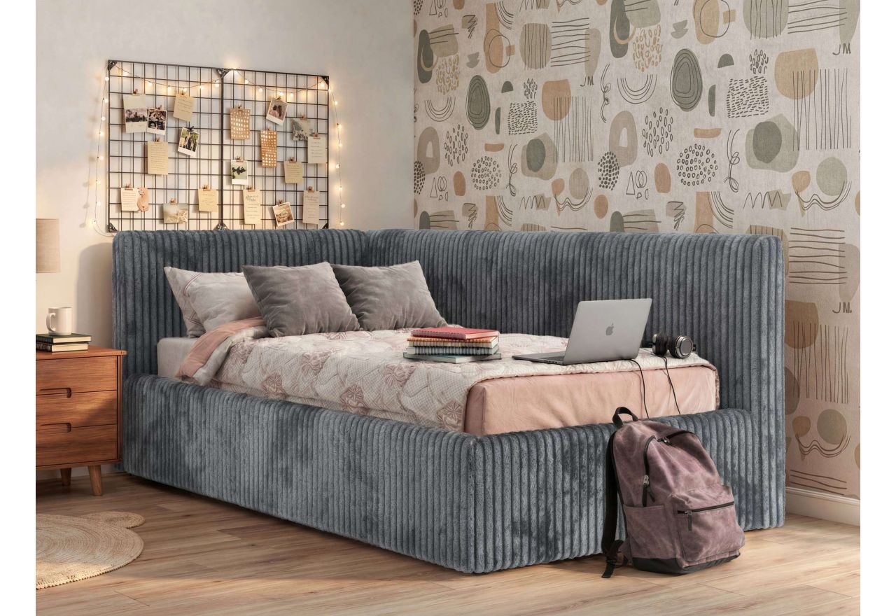 Łóżko młodzieżowe TILVO 90x200 - materac multipocket - szary, sztruks - strona lewa