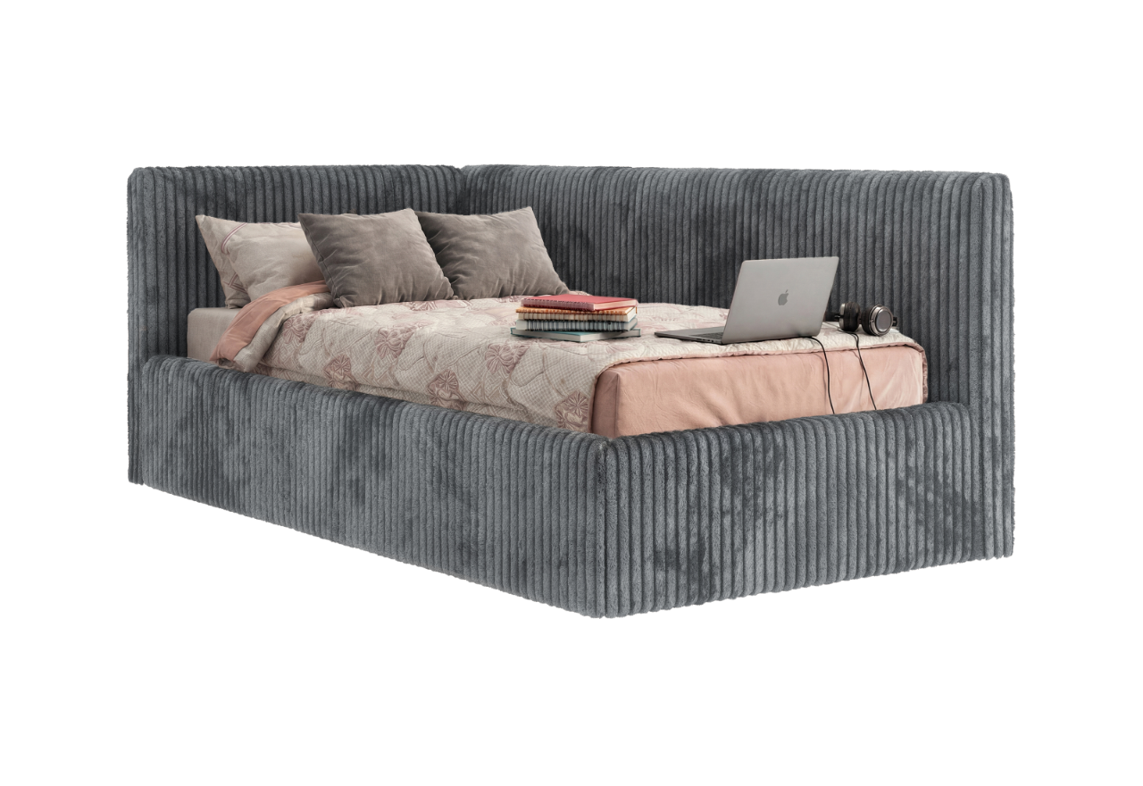 Łóżko młodzieżowe TILVO 90x200 - materac multipocket - szary, sztruks - strona lewa