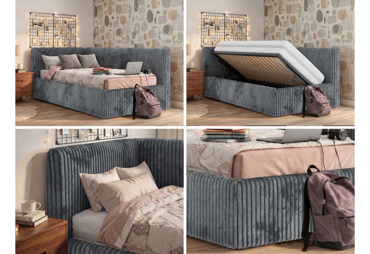 Łóżko młodzieżowe TILVO 90x200 - materac multipocket - szary, sztruks - strona lewa