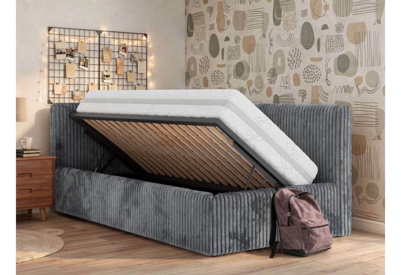 Łóżko młodzieżowe TILVO 90x200 - materac pocket - szary, sztruks - strona lewa