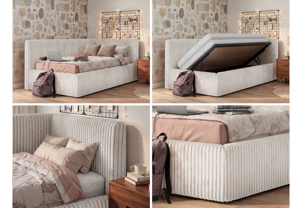 Łóżko młodzieżowe TILVO 90x200 - materac multipocket - beżowy, sztruks - strona prawa