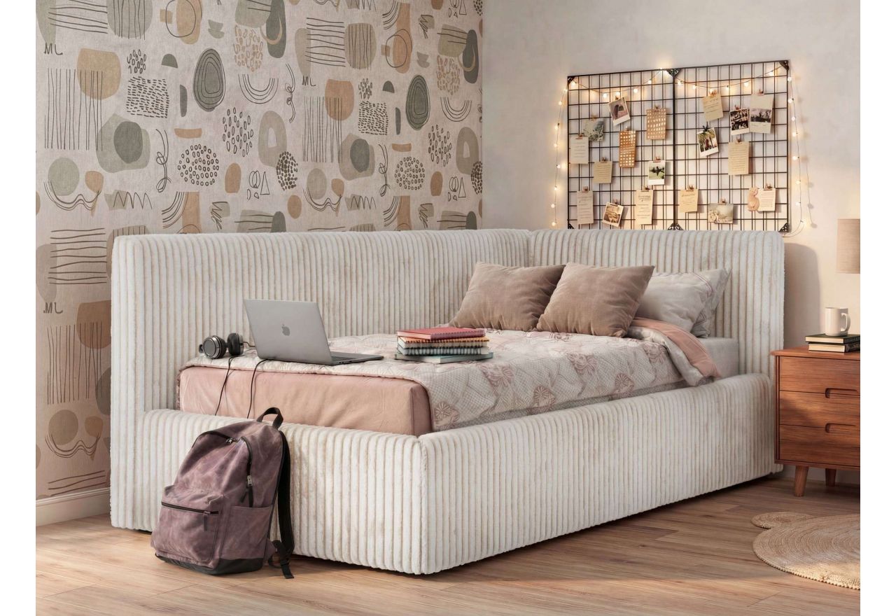 Łóżko młodzieżowe TILVO 90x200 - materac pocket - beżowy, sztruks - strona prawa