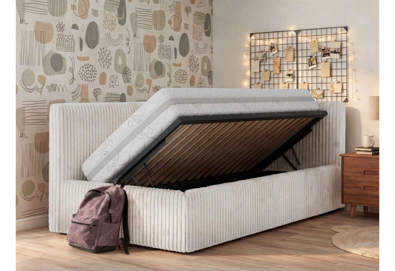 Łóżko młodzieżowe TILVO 90x200 - materac pocket - beżowy, sztruks - strona prawa