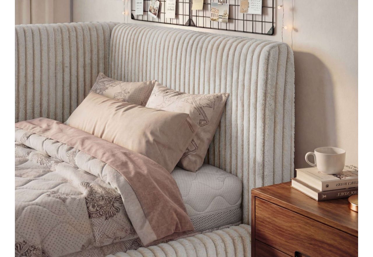 Łóżko młodzieżowe TILVO 90x200 - materac pocket - beżowy, sztruks - strona prawa