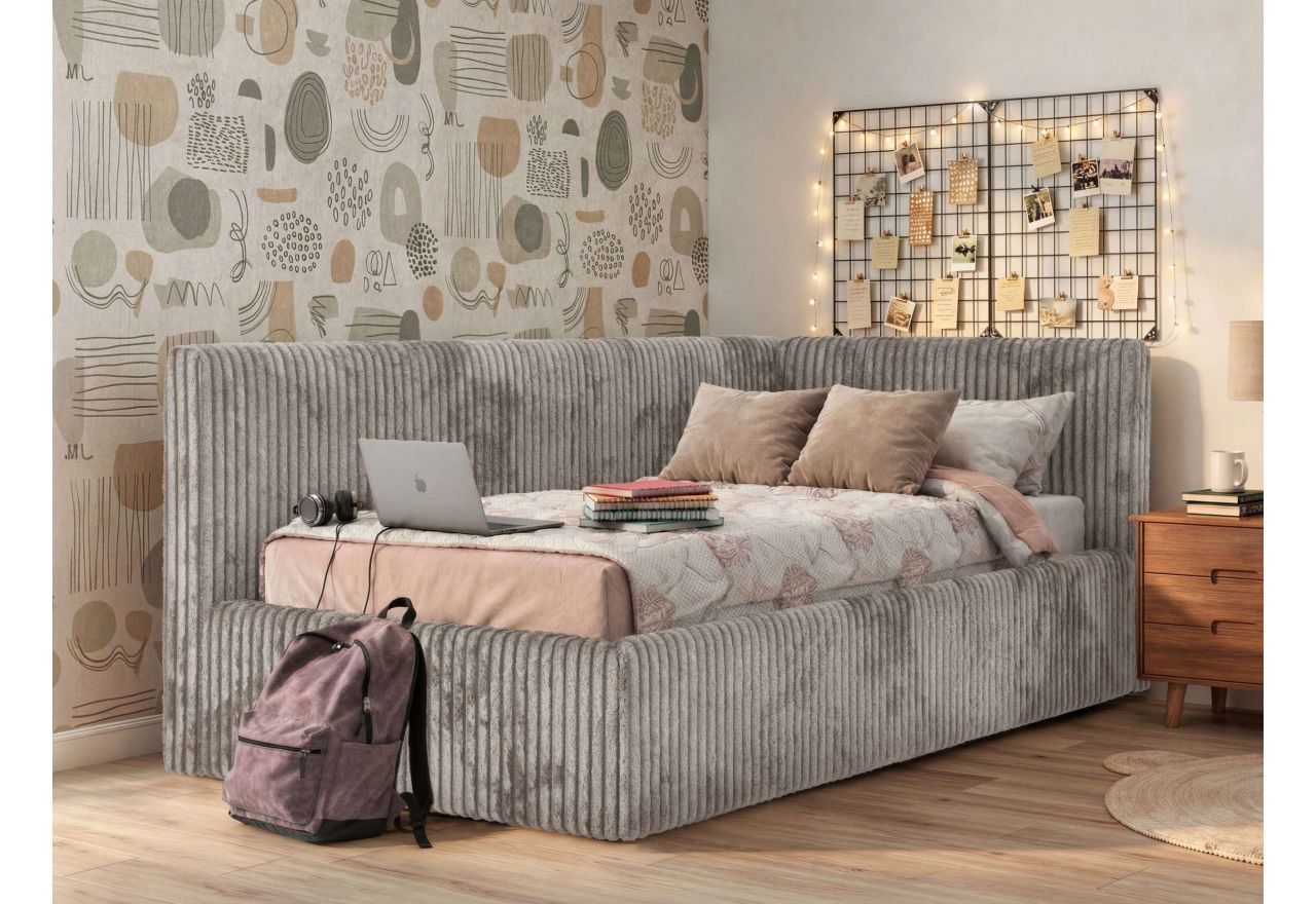 Łóżko młodzieżowe TILVO 90x200 - materac multipocket - jasnobrązowy, sztruks - strona prawa