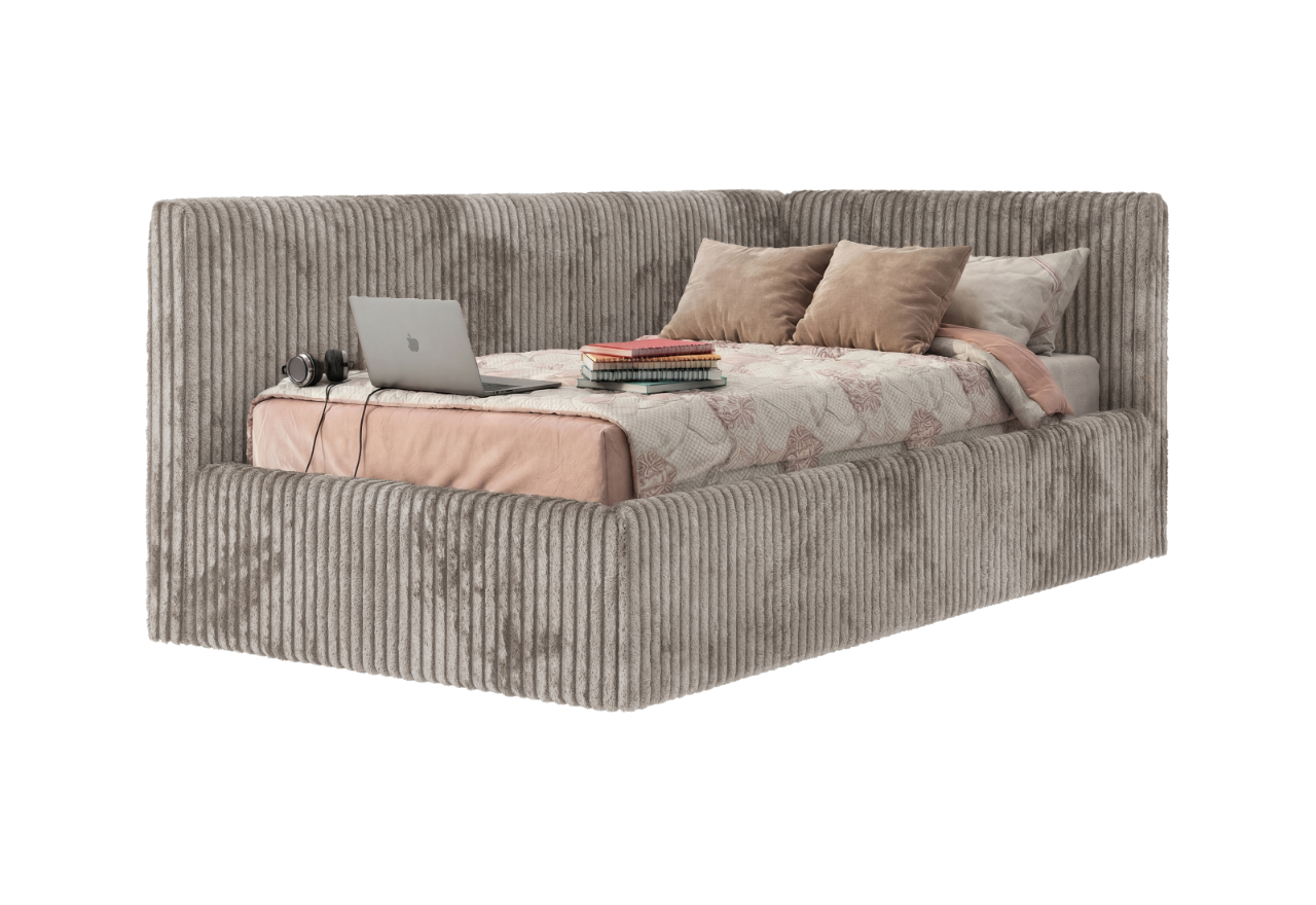 Łóżko młodzieżowe TILVO 90x200 - materac multipocket - jasnobrązowy, sztruks - strona prawa