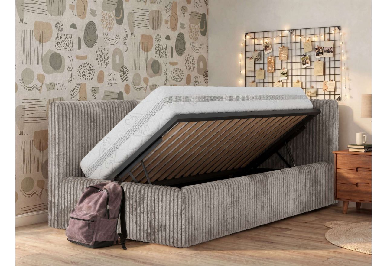 Łóżko młodzieżowe TILVO 90x200 - materac multipocket - jasnobrązowy, sztruks - strona prawa