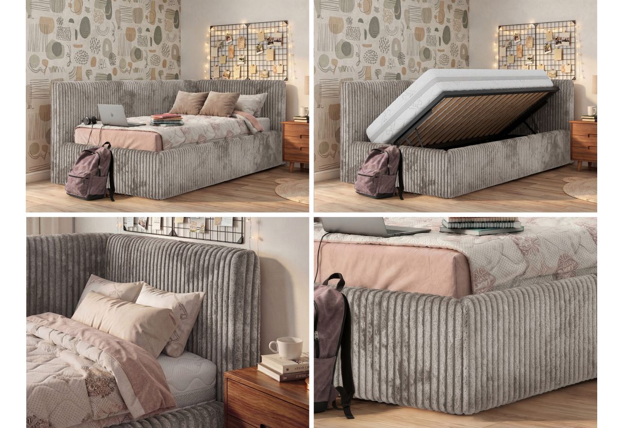 Łóżko młodzieżowe TILVO 90x200 - materac multipocket - jasnobrązowy, sztruks - strona prawa