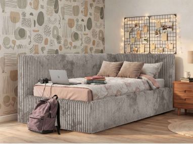 Łóżko młodzieżowe TILVO 90x200 - materac pocket - jasnobrązowy, sztruks - strona prawa