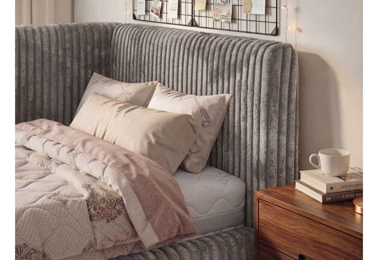 Łóżko młodzieżowe TILVO 90x200 - materac piankowy - jasnobrązowy, sztruks - strona prawa