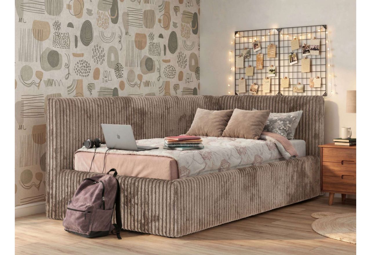 Łóżko młodzieżowe TILVO 90x200 - materac multipocket - brązowy, sztruks - strona prawa