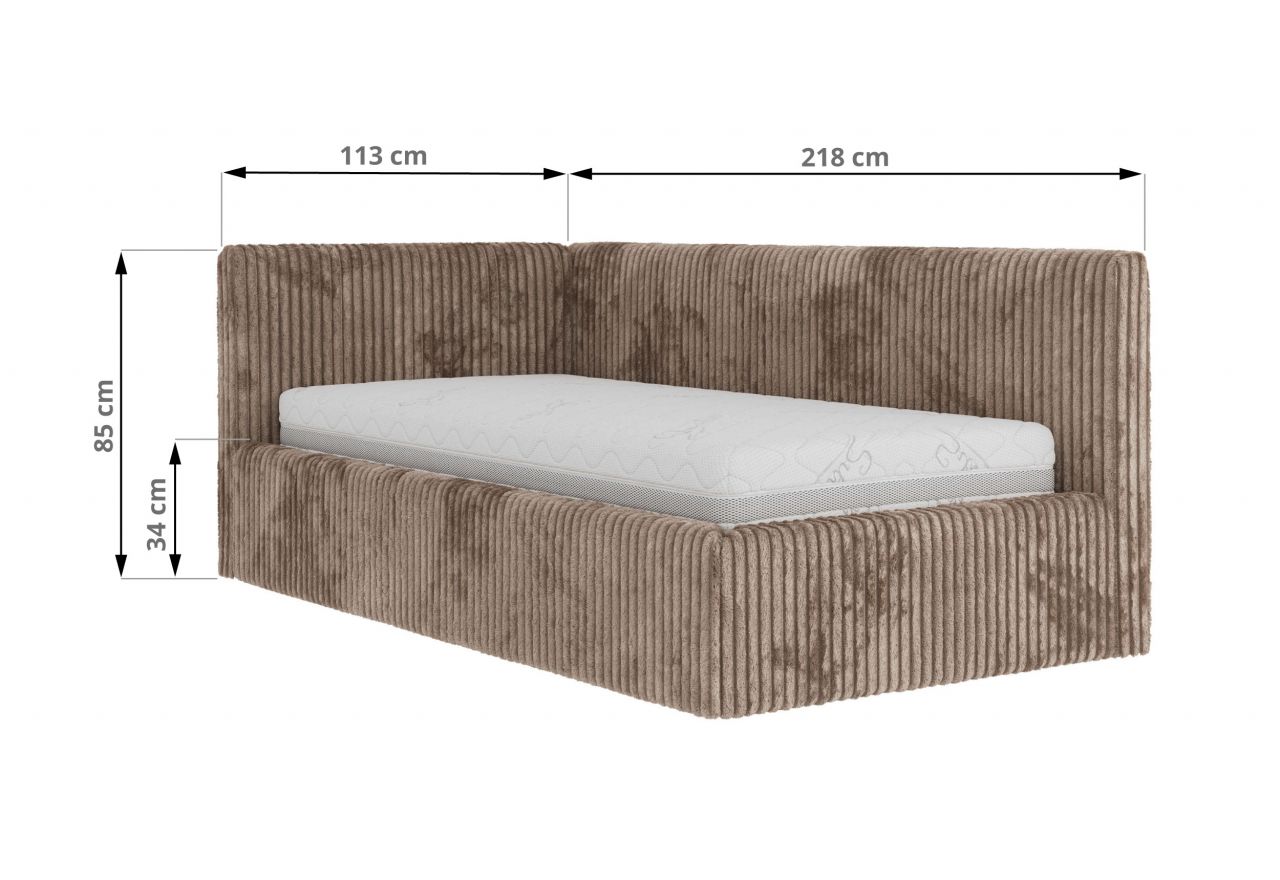 Łóżko młodzieżowe TILVO 90x200 - materac multipocket - brązowy, sztruks - strona prawa