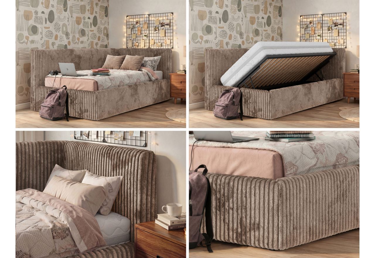 Łóżko młodzieżowe TILVO 90x200 - materac multipocket - brązowy, sztruks - strona prawa