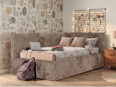 Łóżko młodzieżowe TILVO 90x200 - materac pocket - brązowy, sztruks - strona prawa