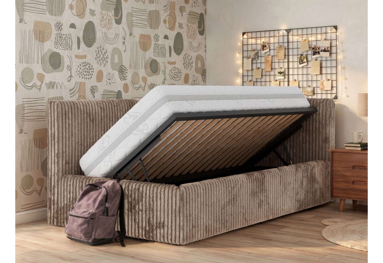 Łóżko młodzieżowe TILVO 90x200 - materac pocket - brązowy, sztruks - strona prawa
