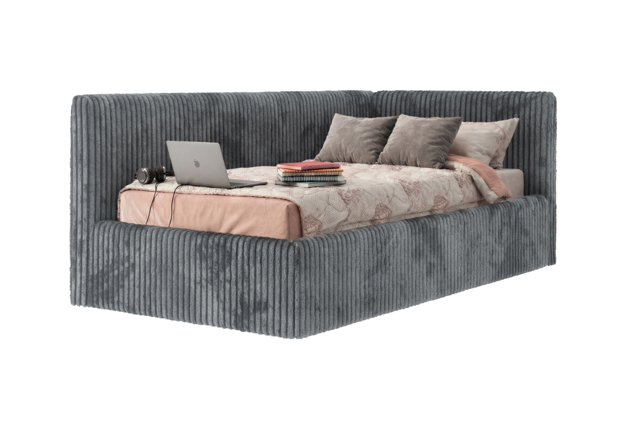 Łóżko młodzieżowe TILVO 90x200 - materac multipocket - szary, sztruks - strona prawa